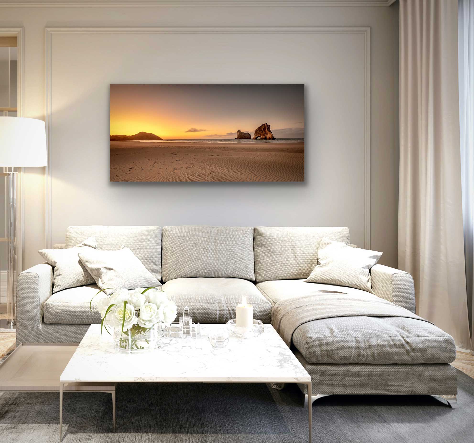 Wharariki beach photograph in subtle light on display, in situ. Hung above couch in living area.