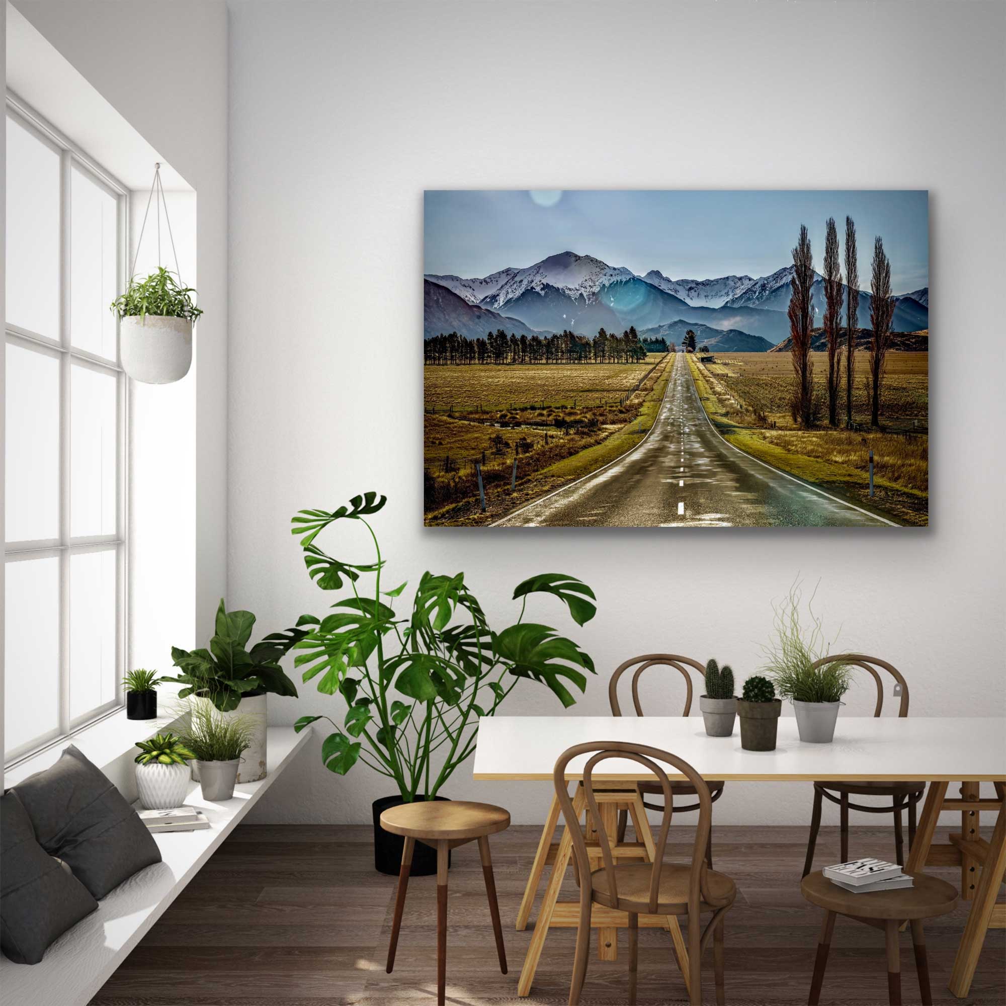 Road to Arthur's Pass landscape photograph in situ, on wall above dining table. Beautiful NZ home design affordable art for sale here.