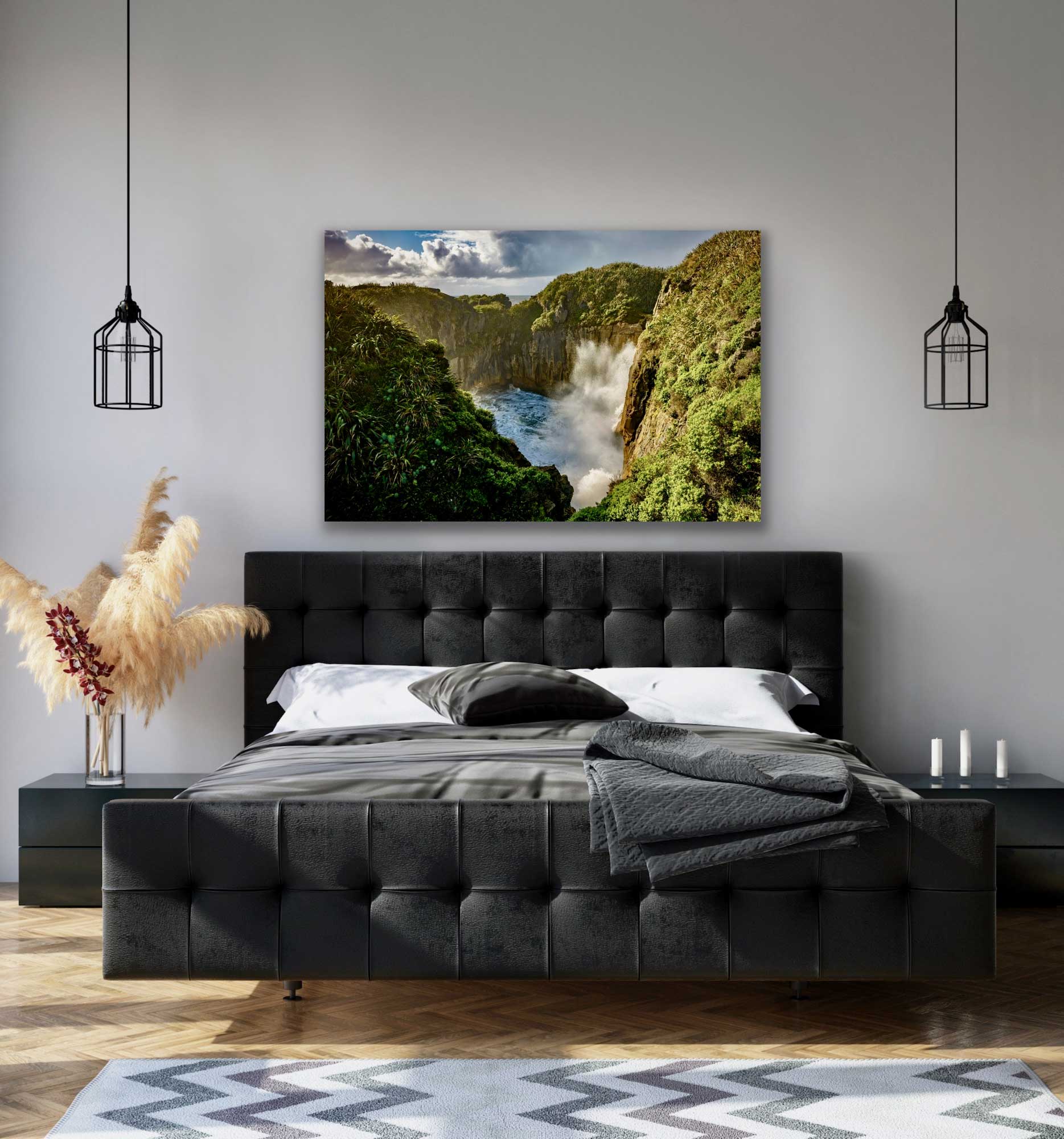 Brilliant landscape photograph of the surge pool at Punakaiki on the West Coast of New Zealand shown in situ. Hung above a bed.