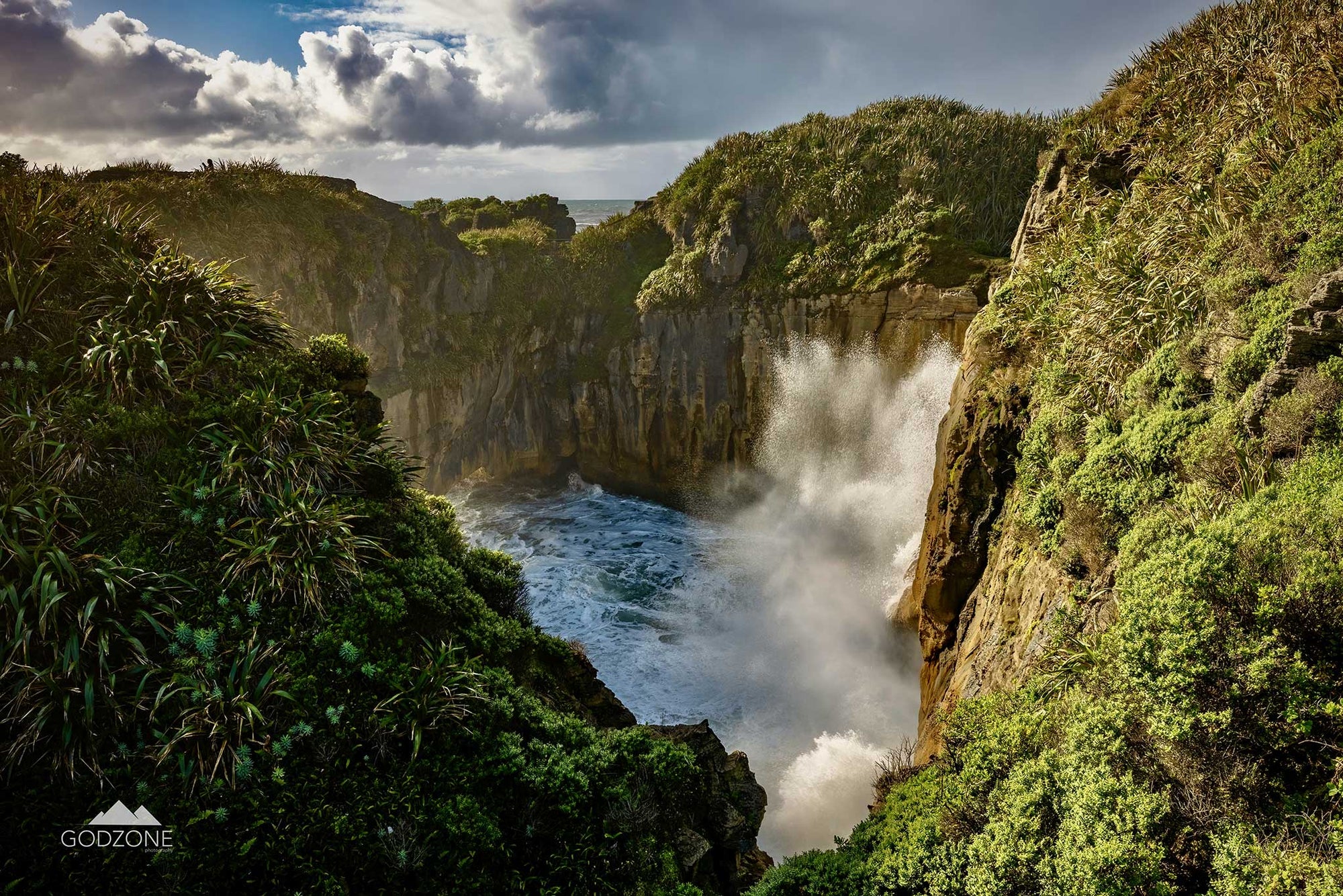 Landscape photograph of the surge pool at Punakaiki on the West Coast of the South Island, NZ. Great capture photography New Zealand. Buy Now.