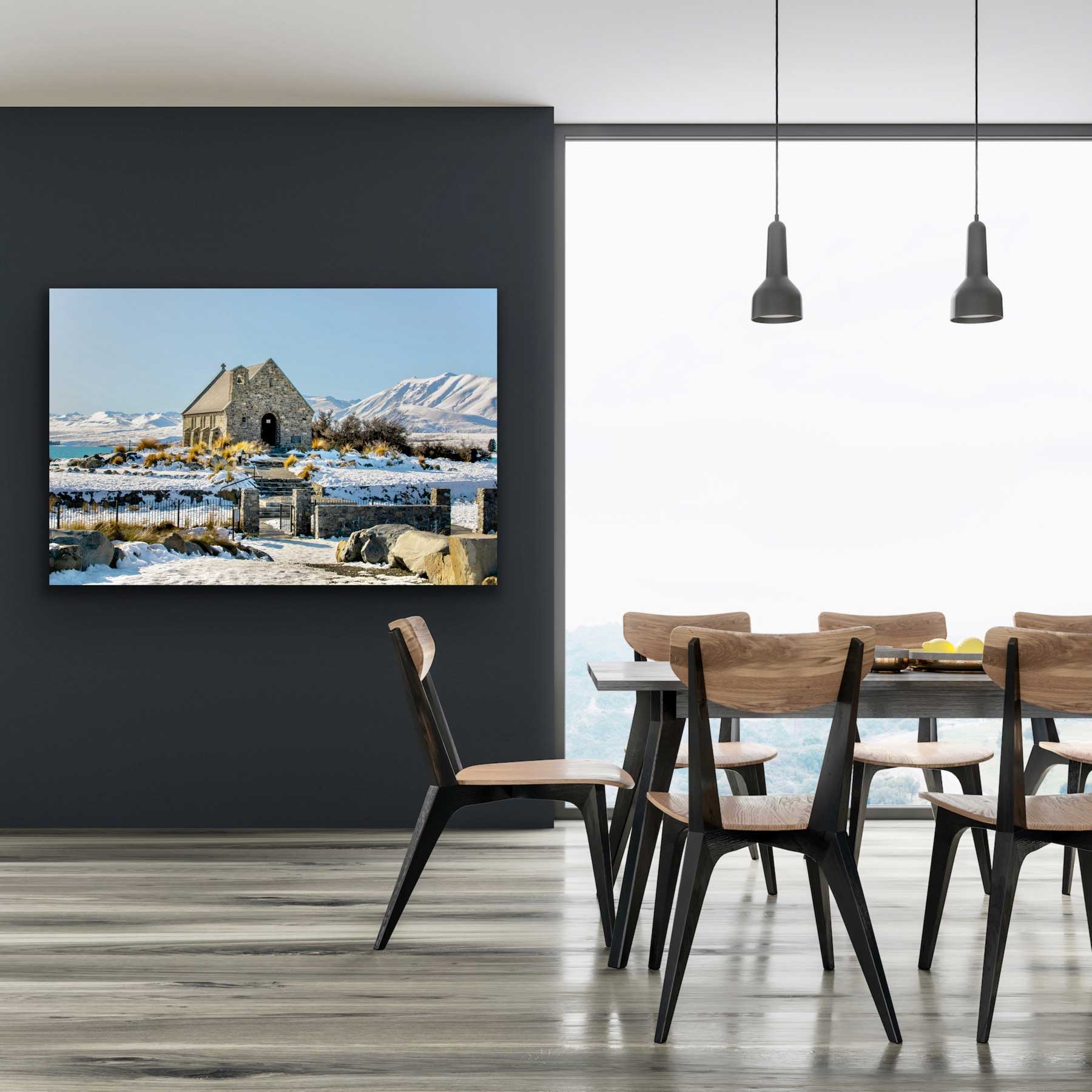 See photograph of stone church at Lake Tekapo in situ, on wall in dining room. 