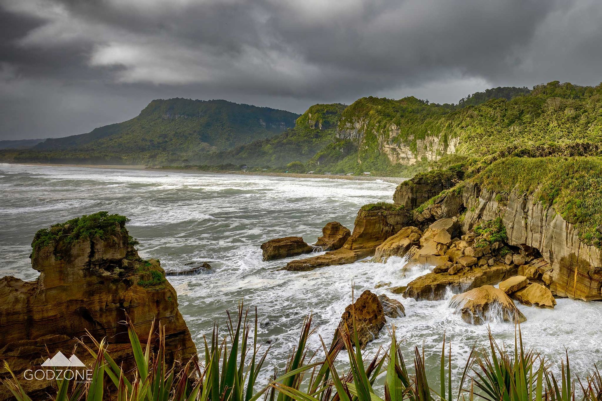 New Zealand landscape photograph of the rugged West Coast in Punakaiki, South Island. Crashing waves and sea cliffs. Stunning NZ landscape art for sale.