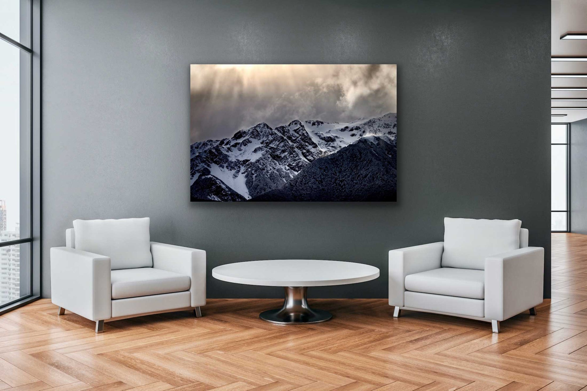 See dramatic landscape photograph of a snowstorm in Arthur's Pass in situ. Off-white and dark grey tones. Hung above chairs and coffee table.