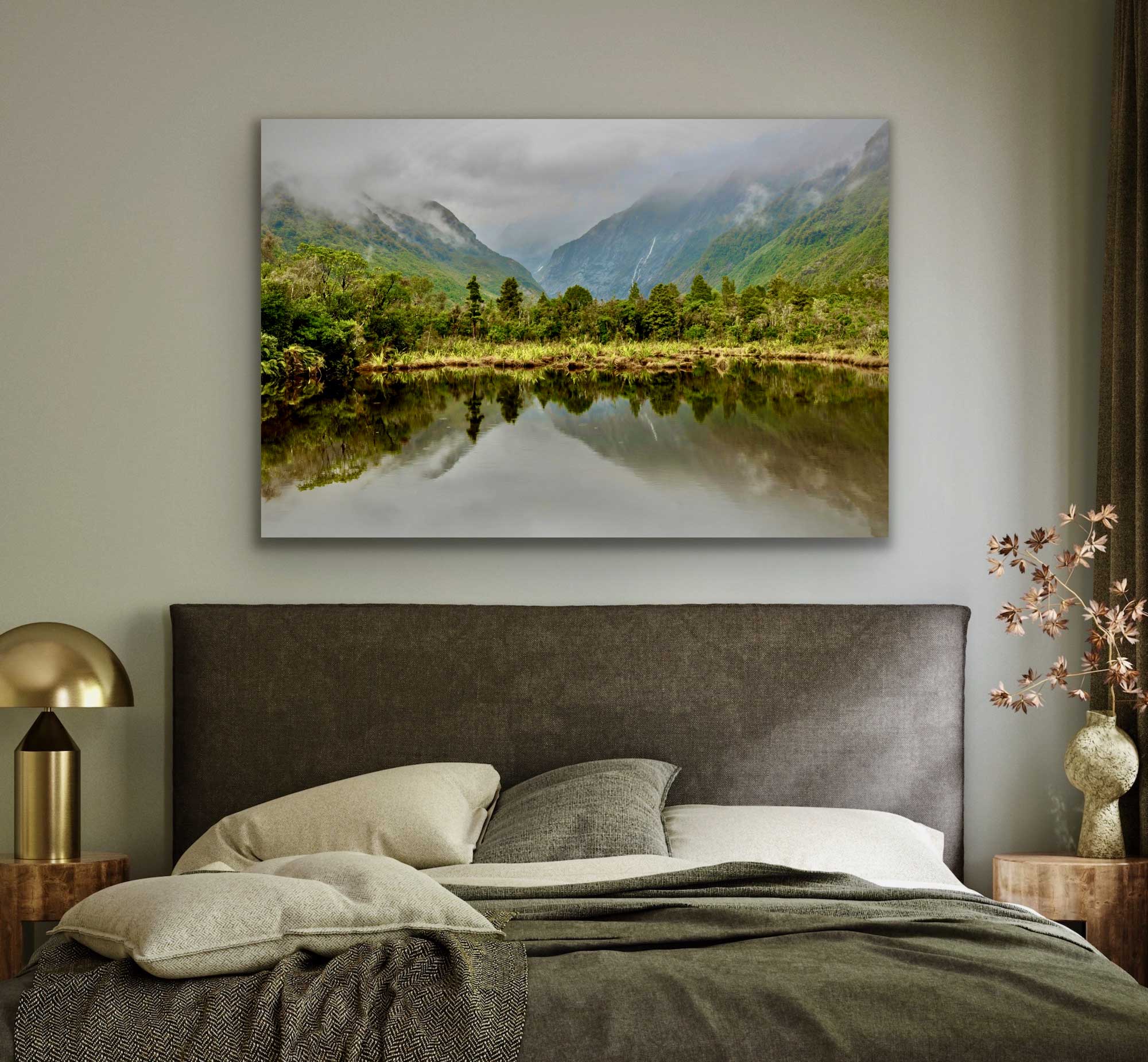 Peters Pool beautiful landscape photograph in situ. Lake in Franz Joseph glacier country. Hung on wall above bed.