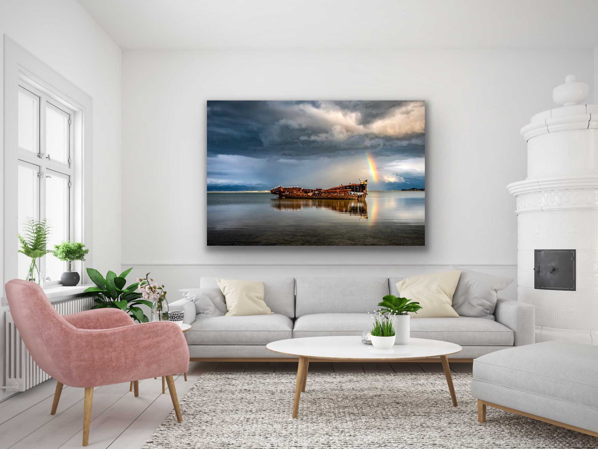 Shipwreck Motueka photograph in situ, on wall above couch in living room. Striking art with a story New Zealand.