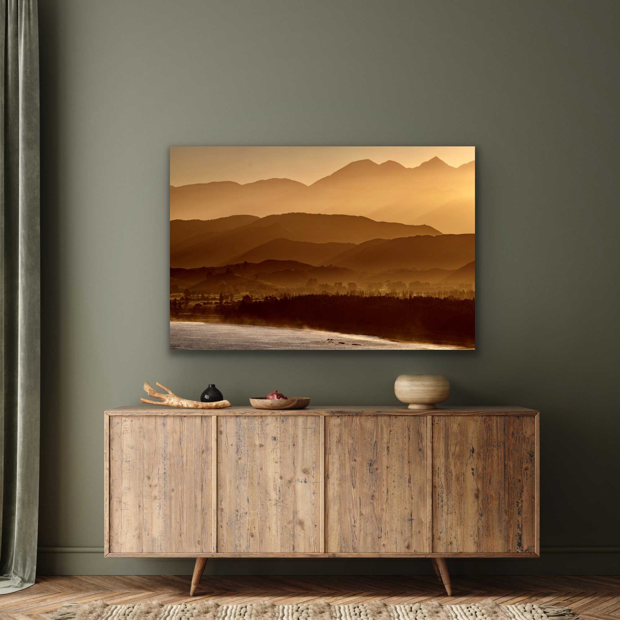 South Bay Kaikoura photograph in situ, hung above a cabinet. NZ golden landscape photography for sale.