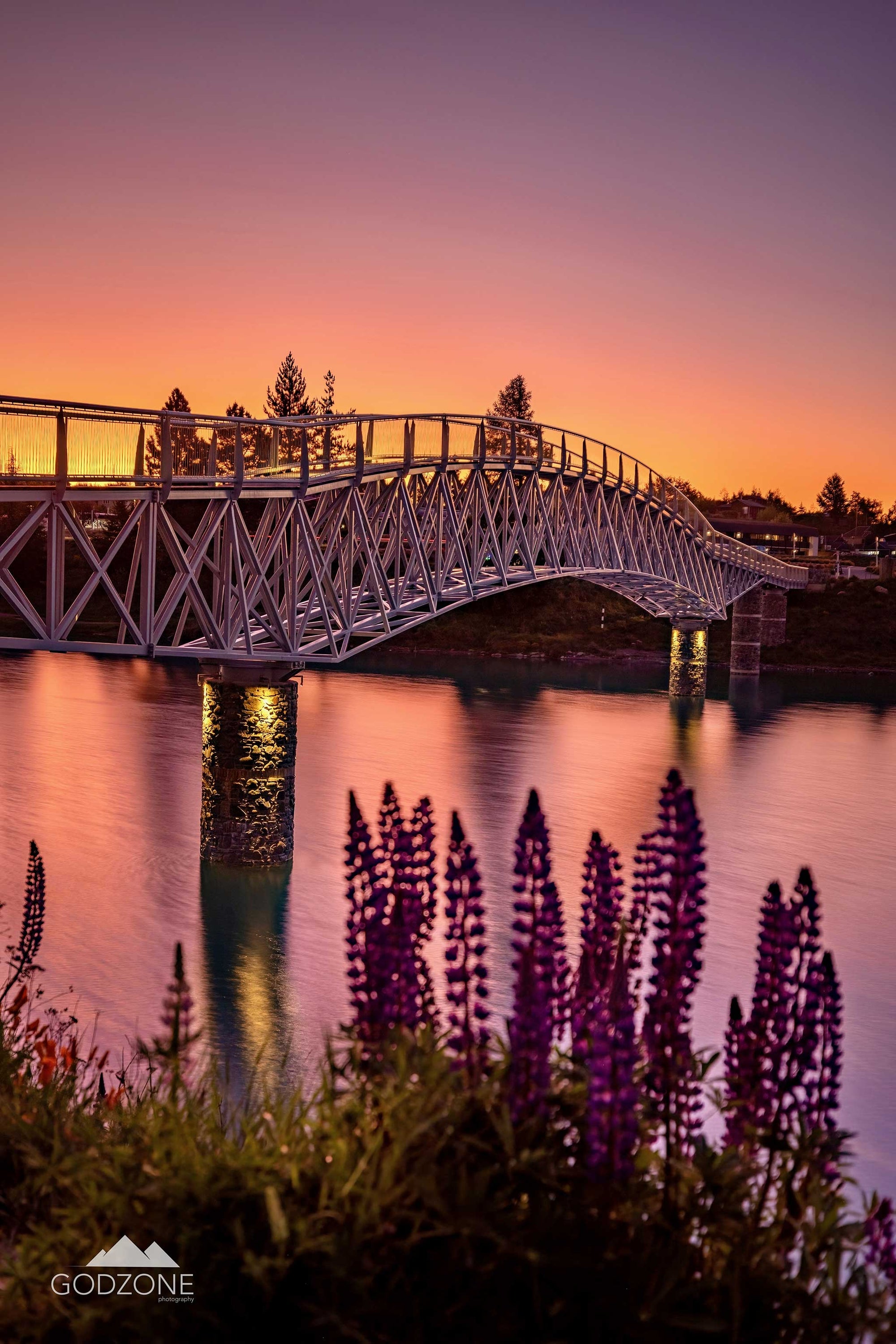 Beautiful portrait photograph of the Tekapo footbridge with lupins. NZ tall artwork for sale.