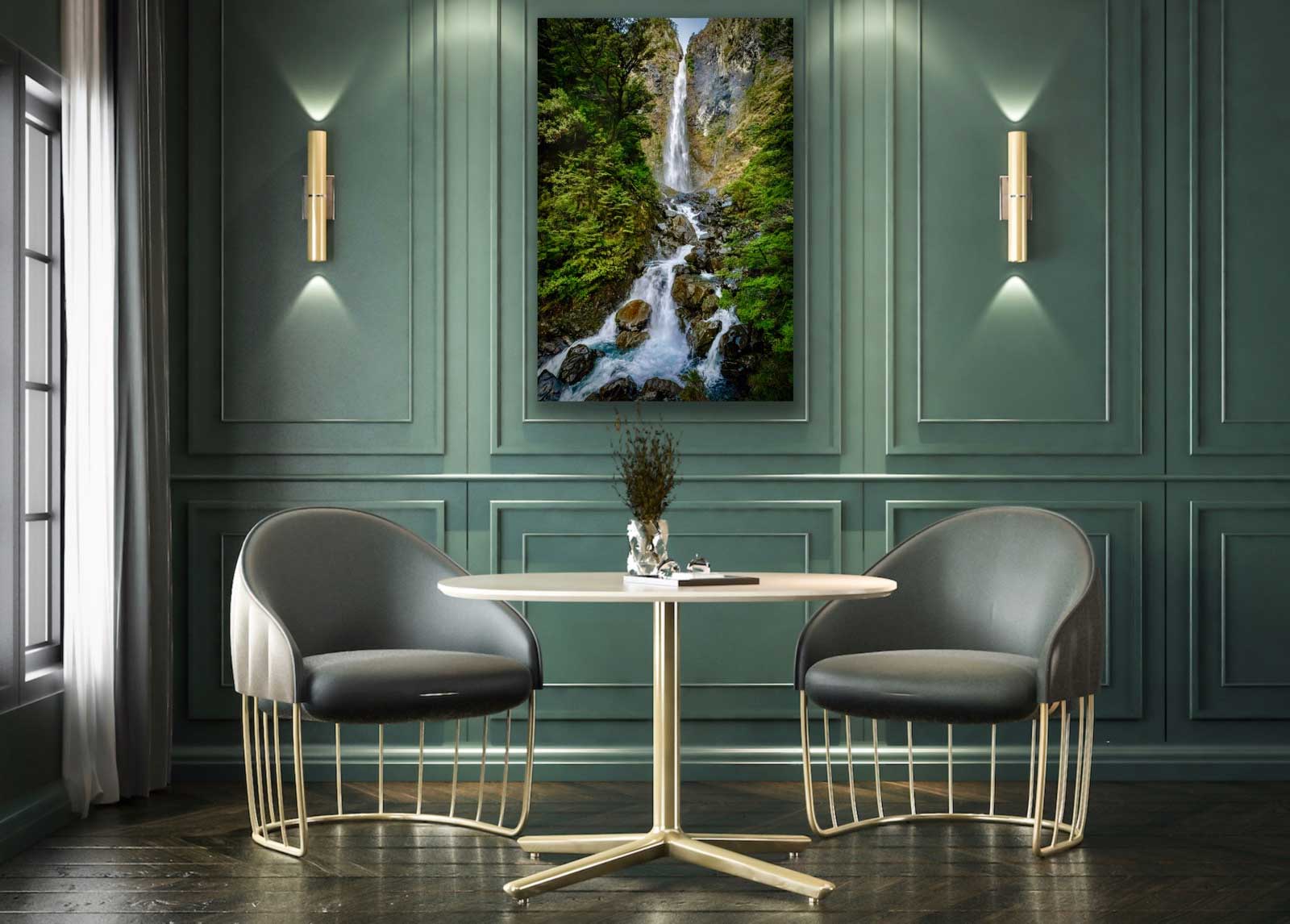 Devils Punchbowl waterfall photograph in situ. Arthurs Pass Village, South Island landscape photography New Zealand. Hung on wall above chairs and coffee table.