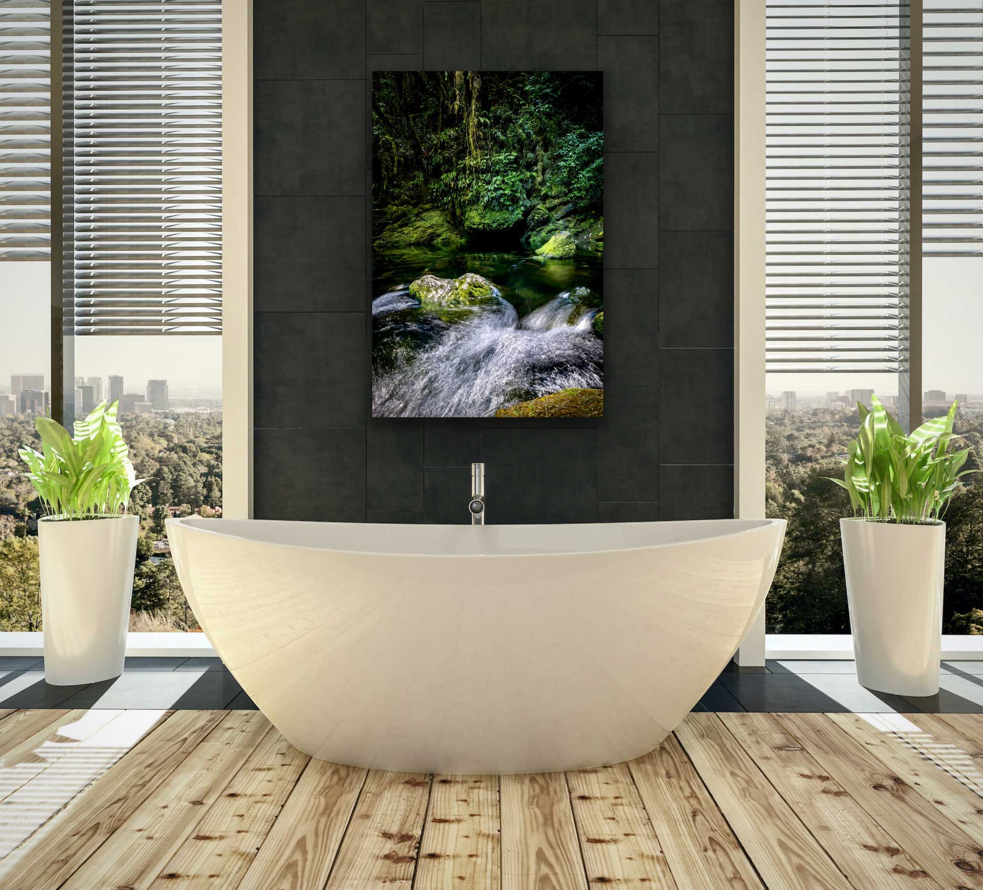 Riwaka resurgence photograph in situ, hung above a bathtub. Beautiful mossy stone and waterfall artwork interior design.