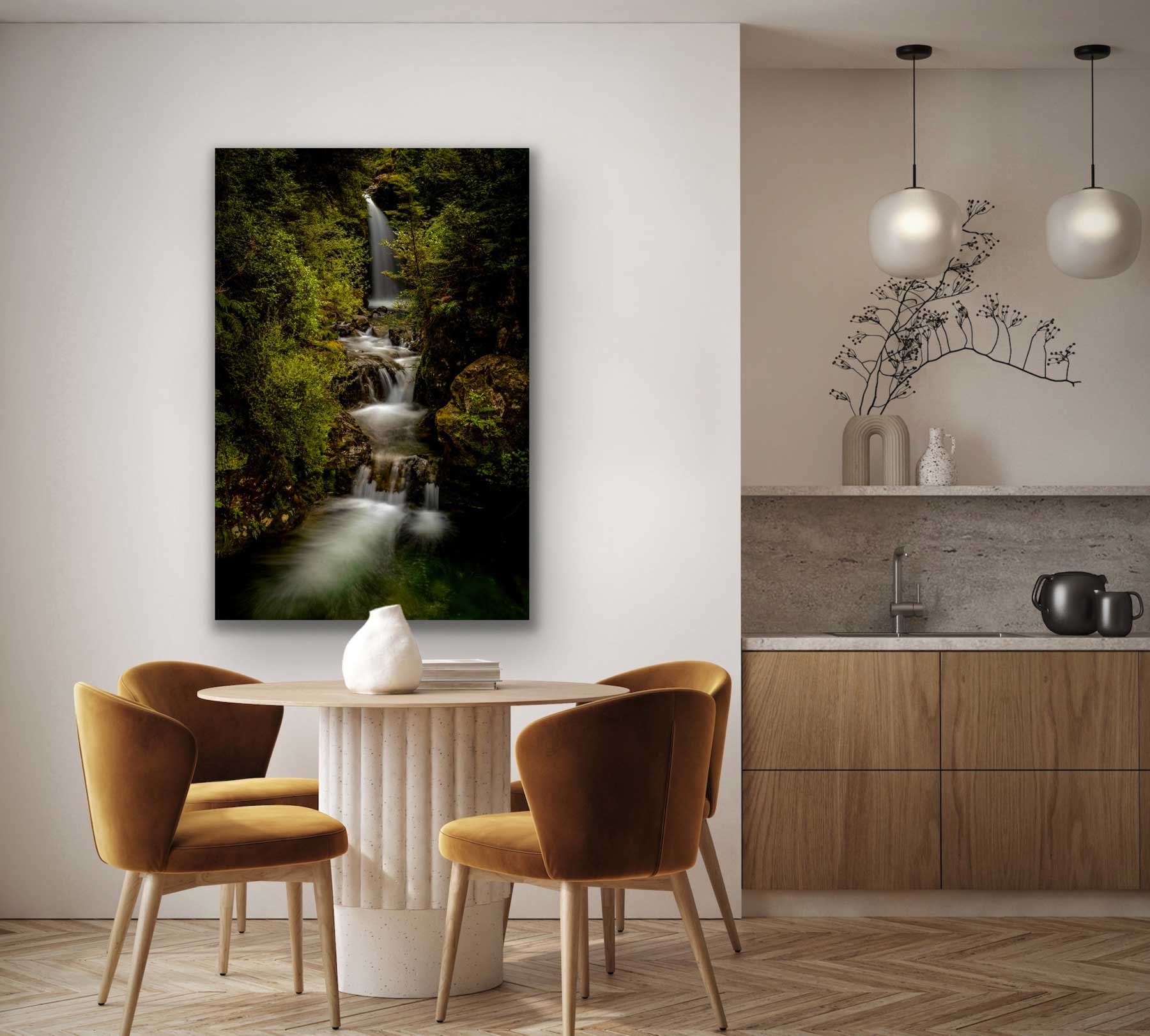 Long-exposure portrait photograph of the Avalanche Falls in situ. See this photograph on wall above dining table by kitchen. Green and white tones.