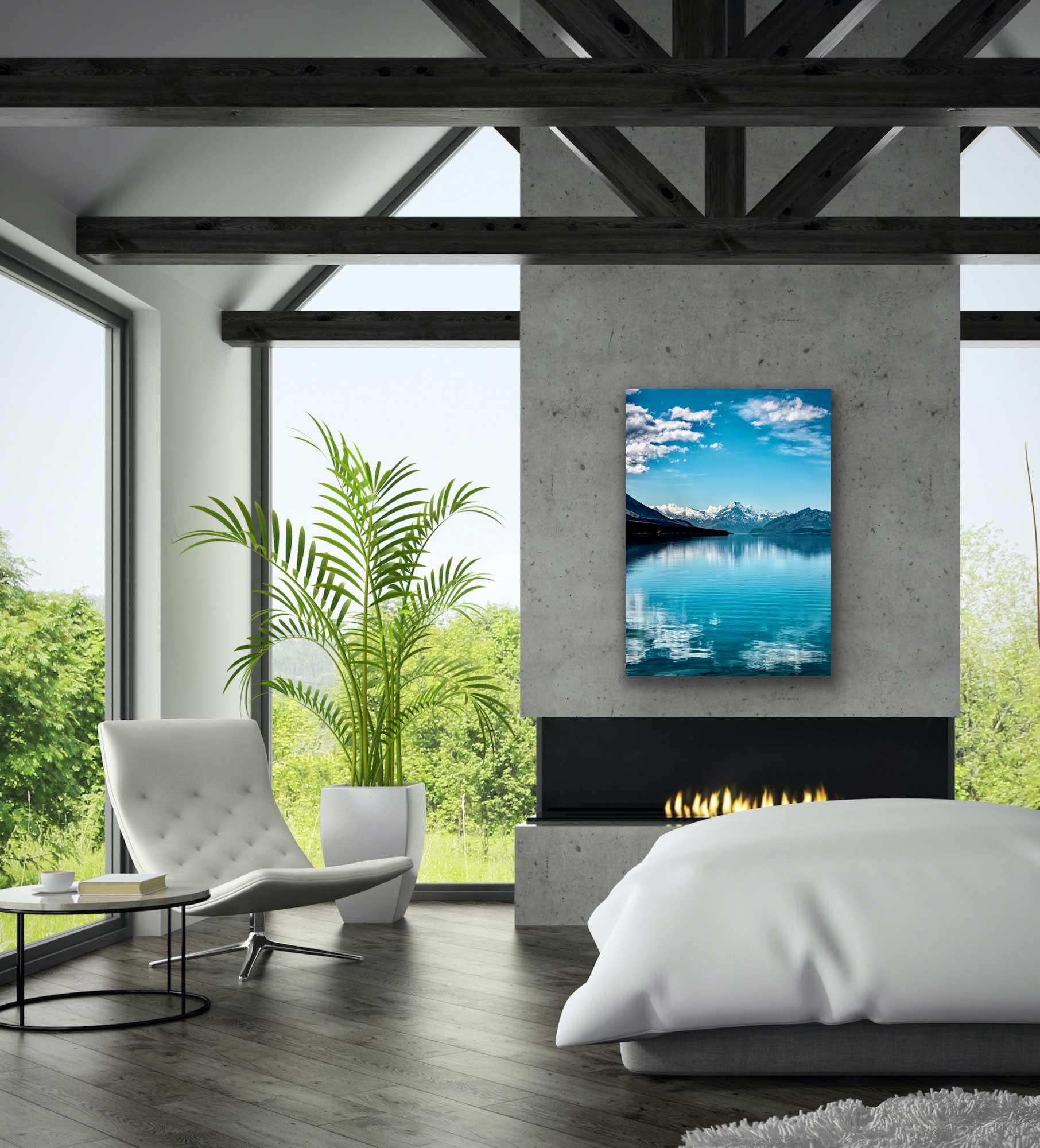 Bright blue Lake Pukaki and Mount Cook/Aoraki photo in situ, imagined on the wall above a bedroom fireplace. NZ brilliant blue interior design landscape art.