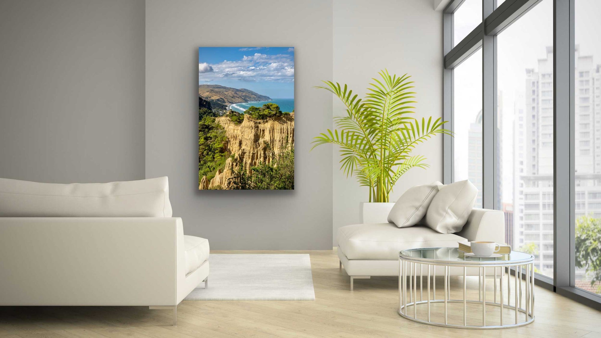 In situ sunny portrait photograph of Gore Bay's famous Cathedral Cliffs  in North Canterbury, South Island New Zealand. Photo hung on wall in lounge.