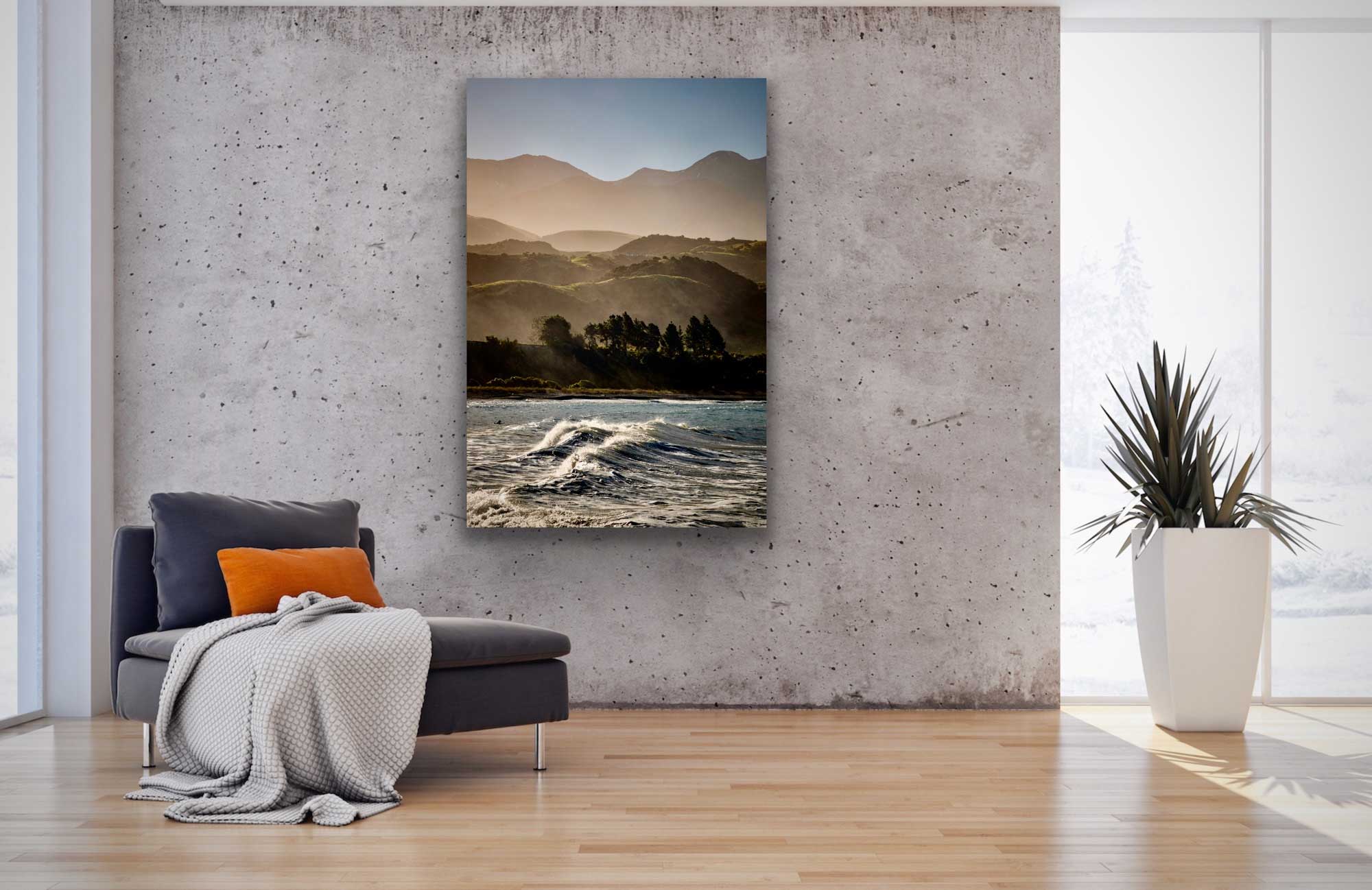 Kaikoura misty mountain and sea photograph in situ. See beautiful landscape photographs hung on the wall. Tall landscape photo for big blank wall.