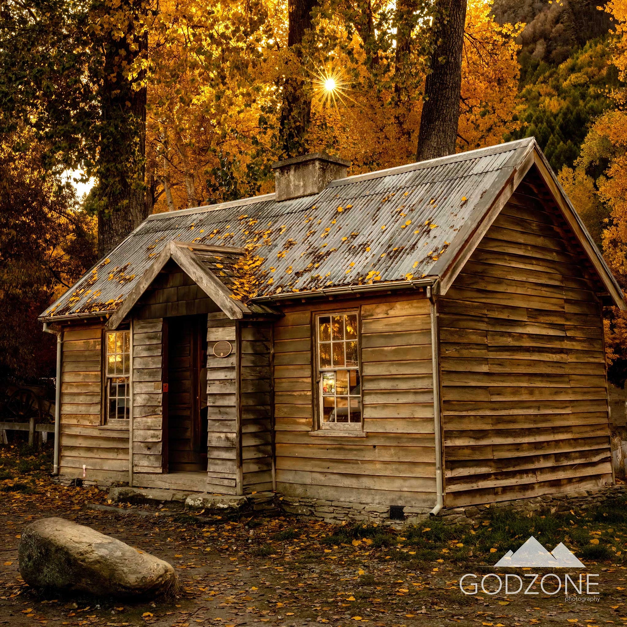 Square photograph of an Arrowtown wooden house with golden light through Autumn trees. South Island, New Zealand. Brown and gold tones.