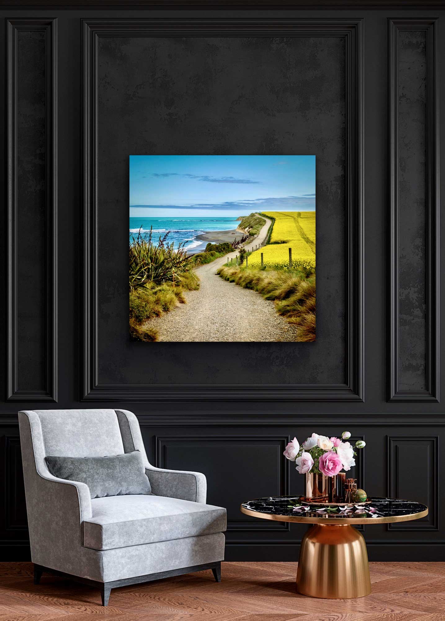 Jack's Point photograph in situ, hung on the wall above a chair and coffee table. NZ in design photography, see it at your home.