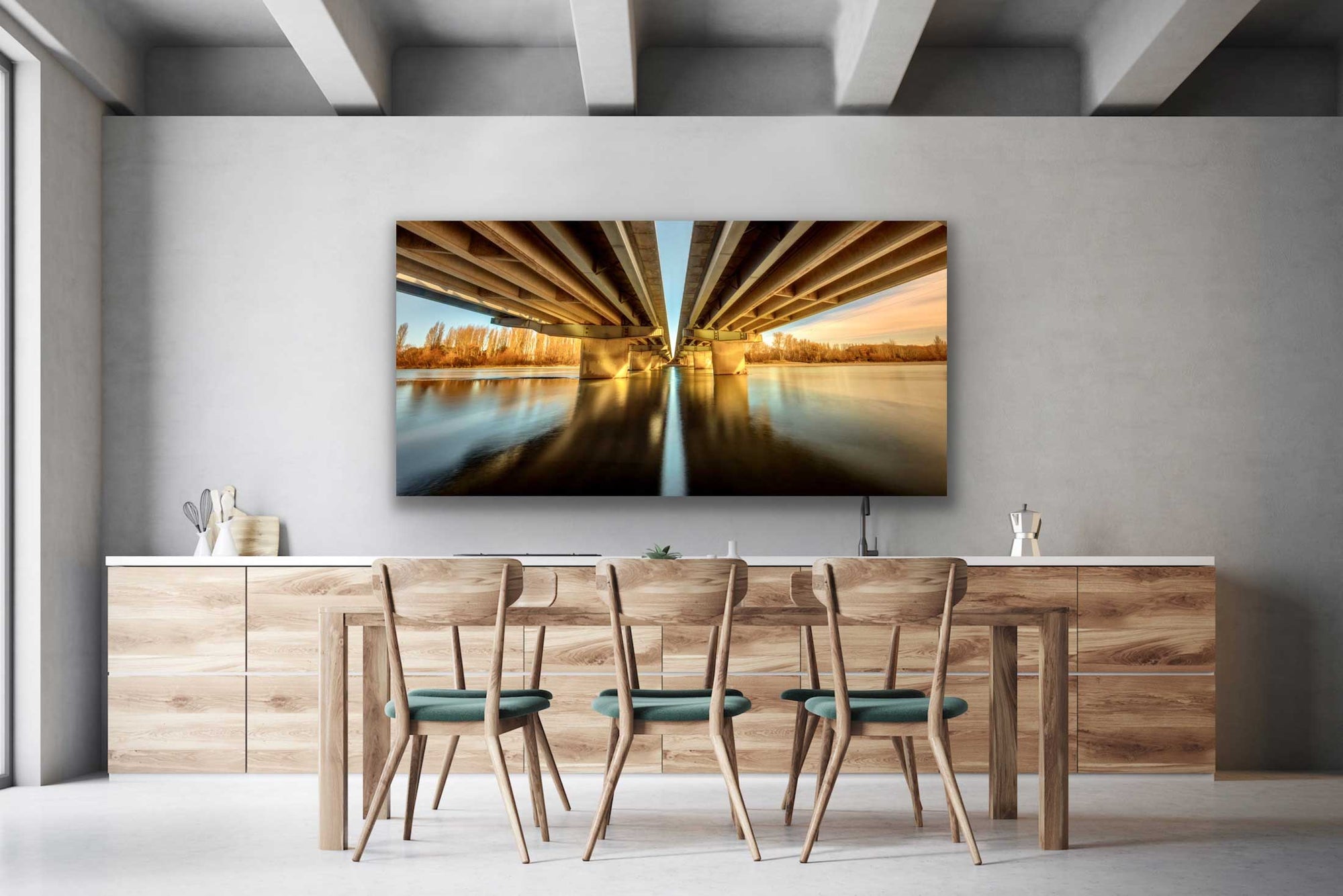 Waimakariri bridge photograph on display above a dining area. Beautiful New Zealand landscape photography for sale.