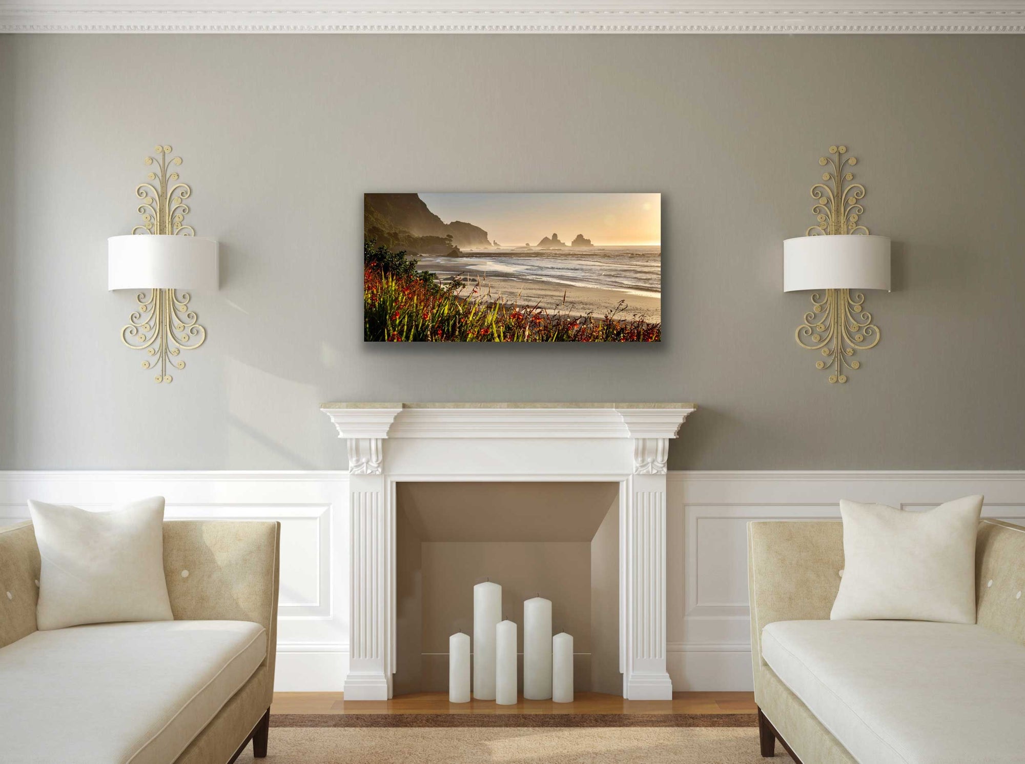 Motukiekie beach II photograph in situ, on the wall above a mantelpiece. Beautiful beach photography, affordable art for interior design.