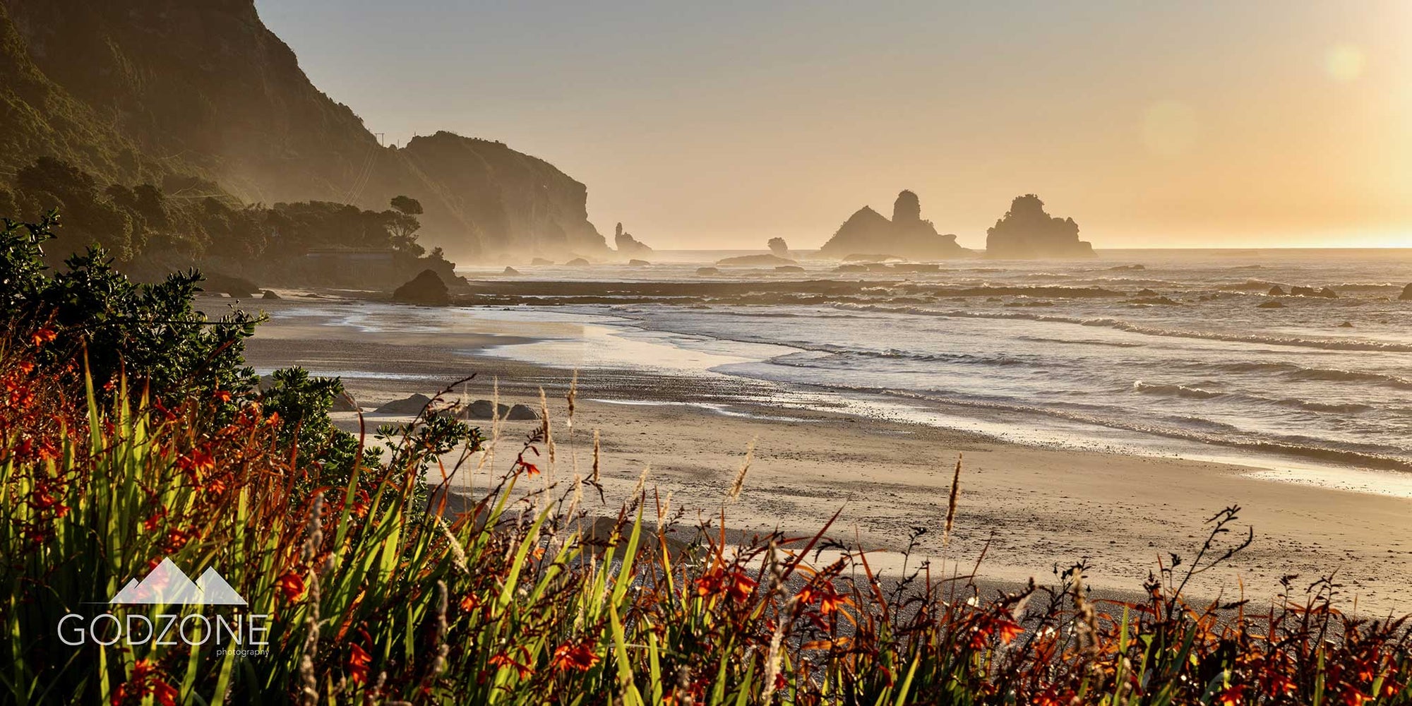 Landscape photograph of Motukiekie Beach on NZ's South Island West Coast caught in beautiful, soft light with bright orang flowers in the foreground.