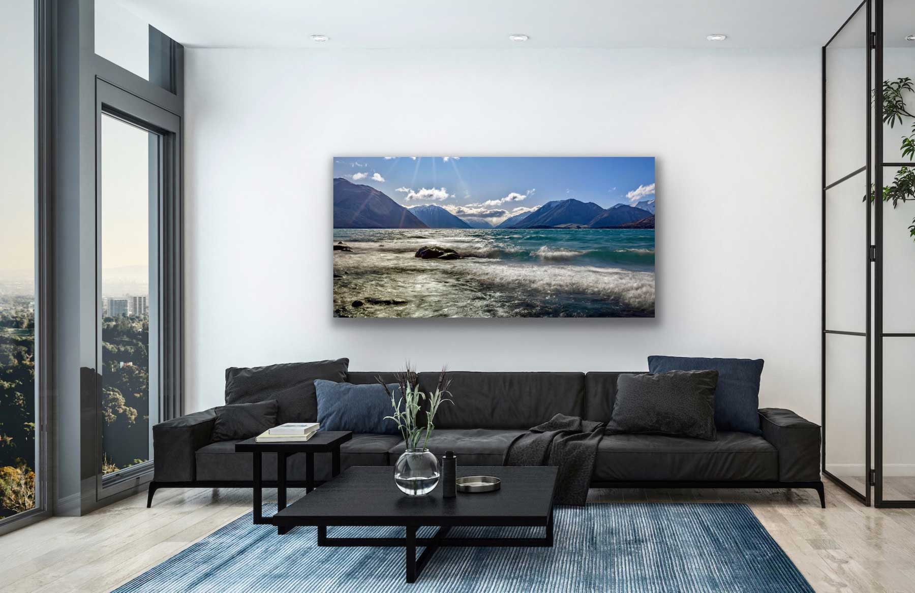 Stunning landscape photograph of Lake Coleridge in situ. See this photograph hung on the wall above a city living area. NZ photography for your home and business.