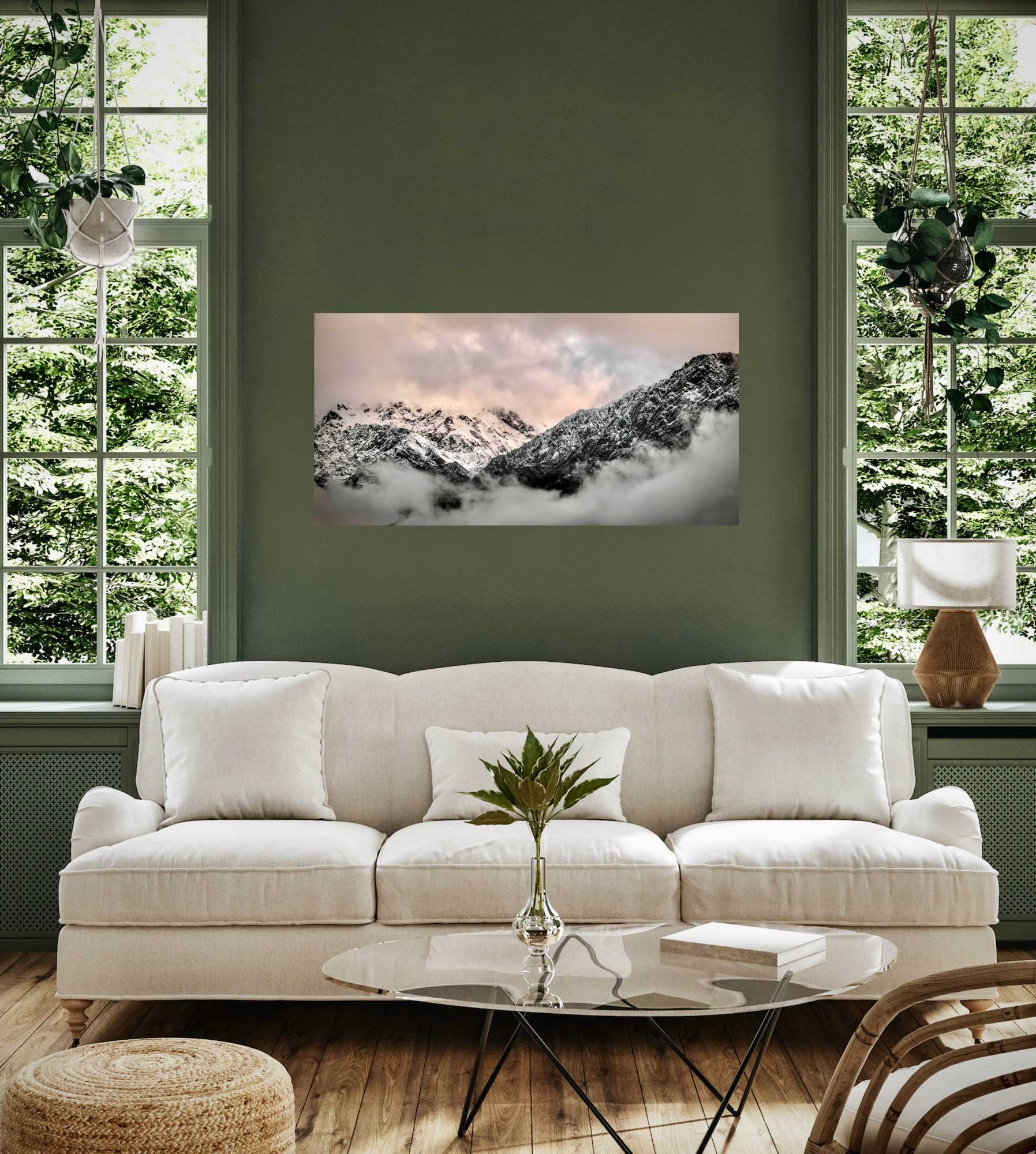 Franz Joseph mountain photograph in situ. Hung on the wall above a couch. NZ landscape photograph for living room.